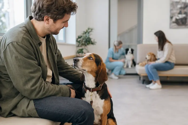 Ein Hamiltonstövare sitzt ruhig neben seinem Besitzer im hellen Wartezimmer einer modernen Tierarztpraxis.